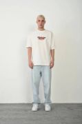 Unisex Baskılı Bisiklet Yaka Oversize T-Shirt - Beyaz resmi