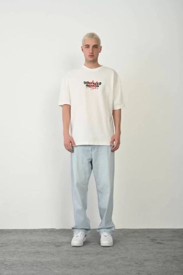 Unisex Baskılı Bisiklet Yaka Oversize T-Shirt - Beyaz resmi