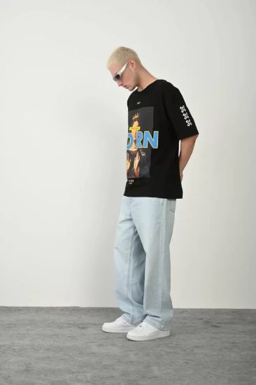 Unisex Baskılı Bisiklet Yaka Oversize T-Shirt - Siyah resmi