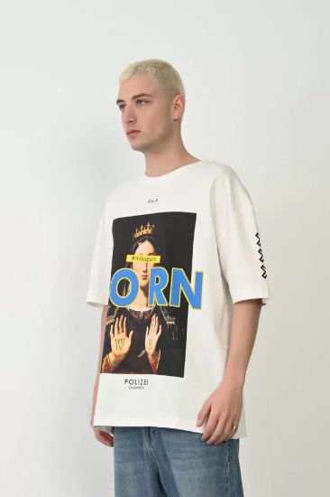 Unisex Baskılı Bisiklet Yaka Oversize T-Shirt - Beyaz resmi