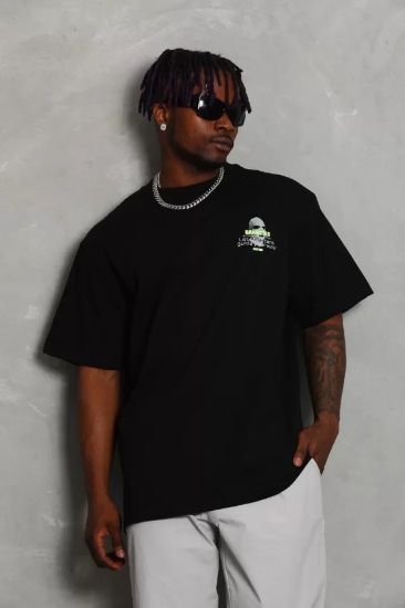 Unisex Oversize Baskılı Bisiklet Yaka T-Shirt - Siyah resmi