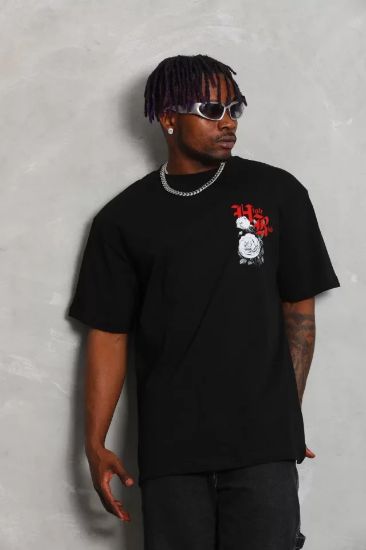Unisex Oversize Baskılı Bisiklet Yaka T-Shirt - Siyah resmi
