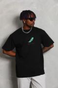 Unisex Oversize Baskılı Bisiklet Yaka T-Shirt - Siyah resmi