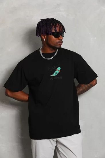 Unisex Oversize Baskılı Bisiklet Yaka T-Shirt - Siyah resmi