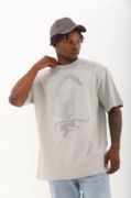 Unisex Oversize Taşlı Bisiklet Yaka T-Shirt - Gri resmi