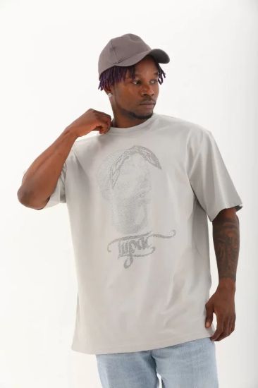 Unisex Oversize Taşlı Bisiklet Yaka T-Shirt - Gri resmi