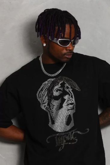Unisex Oversize Taşlı Bisiklet Yaka T-Shirt - Siyah resmi