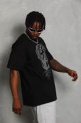 Unisex Oversize Taşlı Bisiklet Yaka T-Shirt - Siyah resmi