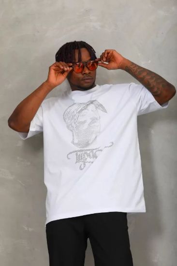 Unisex Oversize Taşlı Bisiklet Yaka T-Shirt - Beyaz resmi