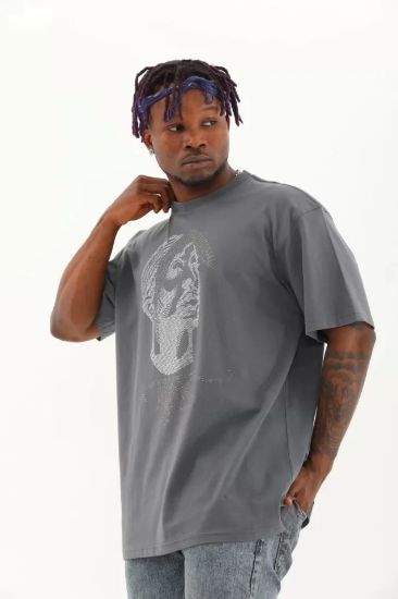 Unisex Oversize Taşlı Bisiklet Yaka T-Shirt - Füme resmi