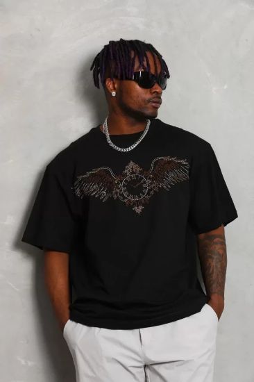 Unisex Oversize Taşlı Bisiklet Yaka T-Shirt - Siyah resmi