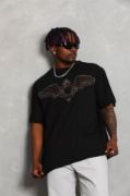 Unisex Oversize Taşlı Bisiklet Yaka T-Shirt - Siyah resmi