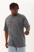 Unisex Oversize Taşlı Bisiklet Yaka T-Shirt - Füme resmi
