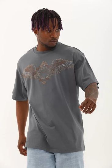 Unisex Oversize Taşlı Bisiklet Yaka T-Shirt - Füme resmi