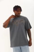 Unisex Oversize Taşlı Bisiklet Yaka T-Shirt - Füme resmi