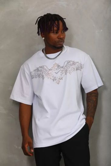 Unisex Oversize Taşlı Bisiklet Yaka T-Shirt - Beyaz resmi