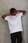 Unisex Oversize Taşlı Bisiklet Yaka T-Shirt - Beyaz resmi