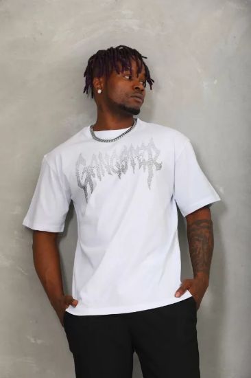 Unisex Oversize Taşlı Bisiklet Yaka T-Shirt - Beyaz resmi