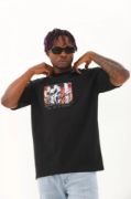 Unisex Oversize Baskılı Bisiklet Yaka T-Shirt - Siyah resmi