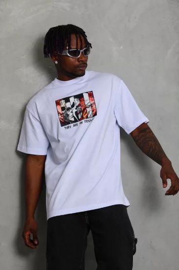 Unisex Oversize Baskılı Bisiklet Yaka T-Shirt - Beyaz resmi