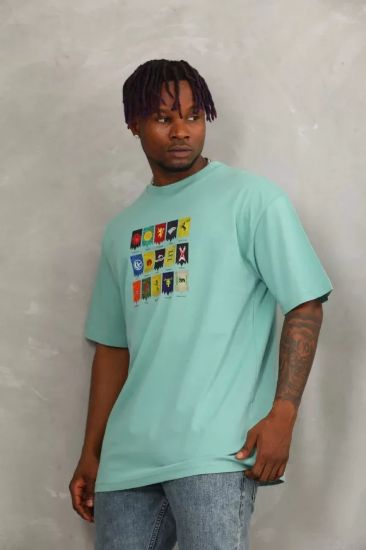 Unisex Oversize Baskılı Bisiklet Yaka T-Shirt - Mint Yeşili resmi