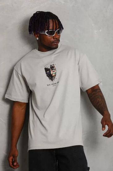 Unisex Oversize Baskılı Bisiklet Yaka T-Shirt - Gri resmi