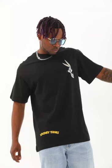 Unisex Oversize Baskılı Bisiklet Yaka T-Shirt - Siyah resmi