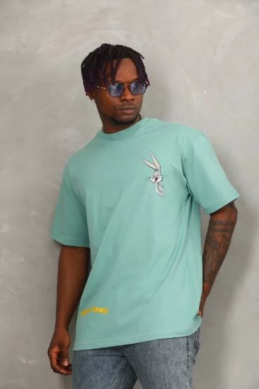 Unisex Oversize Baskılı Bisiklet Yaka T-Shirt - Mint Yeşili resmi