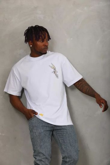 Unisex Oversize Baskılı Bisiklet Yaka T-Shirt - Beyaz resmi