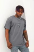 Unisex Oversize Baskılı Bisiklet Yaka T-Shirt - Füme resmi