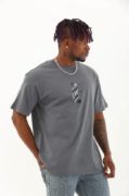 Unisex Oversize Baskılı Bisiklet Yaka T-Shirt - Füme resmi