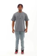 Unisex Oversize Baskılı Bisiklet Yaka T-Shirt - Füme resmi