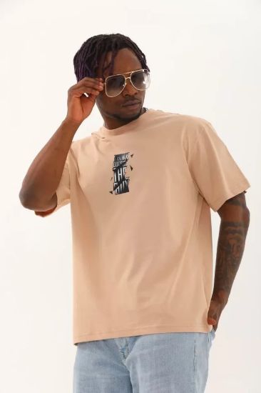 Unisex Oversize Baskılı Bisiklet Yaka T-Shirt - Bej resmi