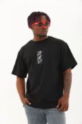 Unisex Oversize Baskılı Bisiklet Yaka T-Shirt - Siyah resmi