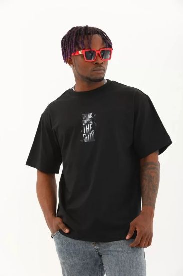 Unisex Oversize Baskılı Bisiklet Yaka T-Shirt - Siyah resmi