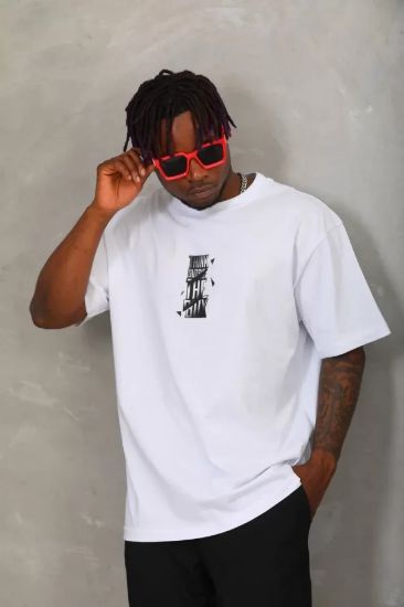 Unisex Oversize Baskılı Bisiklet Yaka T-Shirt - Beyaz resmi