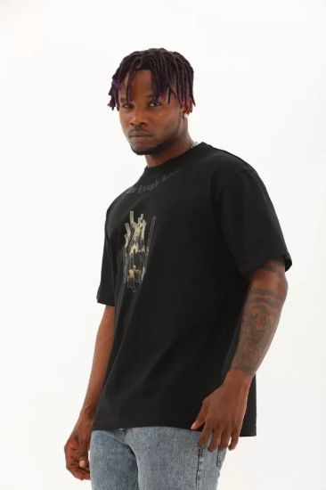 Unisex Oversize Baskılı Bisiklet Yaka T-Shirt - Siyah resmi