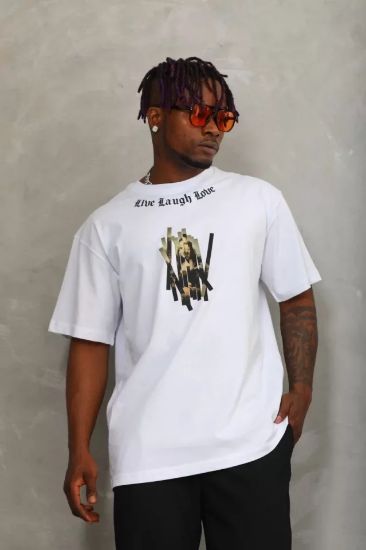 Unisex Oversize Baskılı Bisiklet Yaka T-Shirt - Beyaz resmi