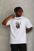 Unisex Oversize Baskılı Bisiklet Yaka T-Shirt - Beyaz resmi