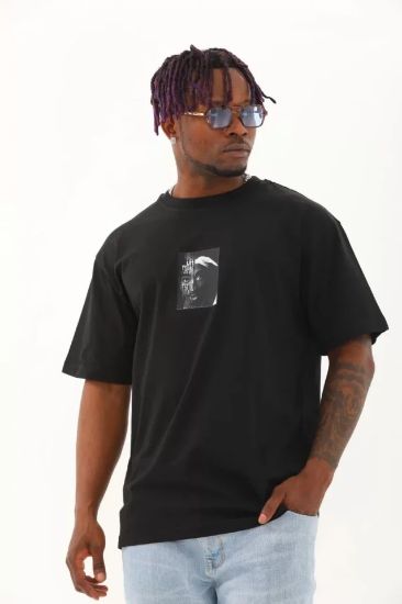 Unisex Oversize Baskılı Bisiklet Yaka T-Shirt - Siyah resmi