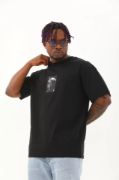 Unisex Oversize Baskılı Bisiklet Yaka T-Shirt - Siyah resmi