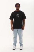 Unisex Oversize Baskılı Bisiklet Yaka T-Shirt - Siyah resmi