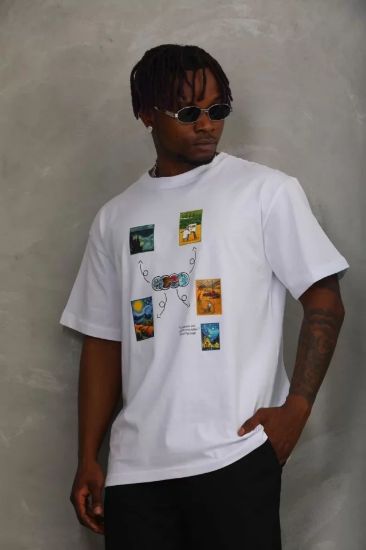 Unisex Oversize Baskılı Bisiklet Yaka T-Shirt - Beyaz resmi