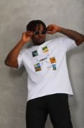 Unisex Oversize Baskılı Bisiklet Yaka T-Shirt - Beyaz resmi