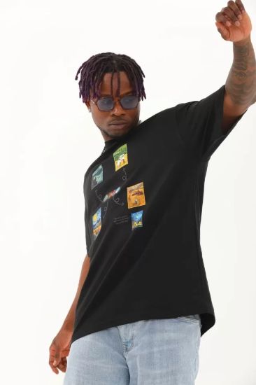 Unisex Oversize Baskılı Bisiklet Yaka T-Shirt - Siyah resmi
