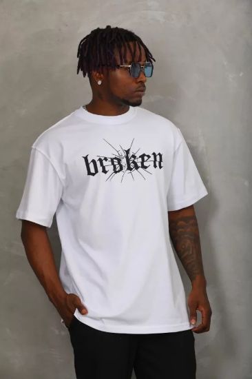 Unisex Oversize Baskılı Bisiklet Yaka T-Shirt - Beyaz resmi
