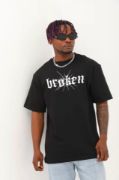 Unisex Oversize Baskılı Bisiklet Yaka T-Shirt - Siyah resmi