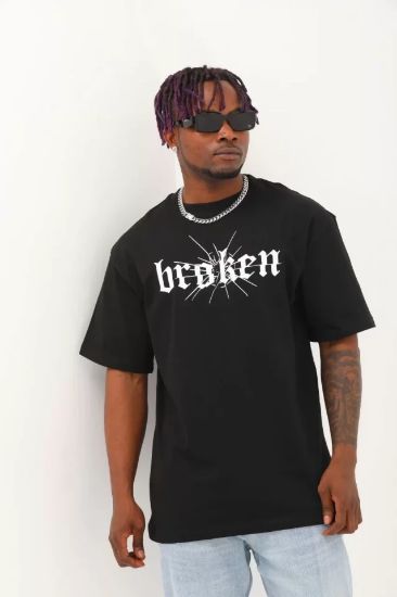 Unisex Oversize Baskılı Bisiklet Yaka T-Shirt - Siyah resmi