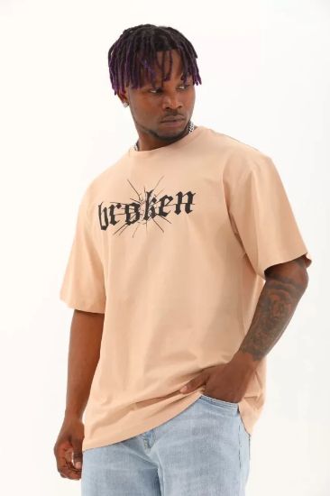 Unisex Oversize Baskılı Bisiklet Yaka T-Shirt - Bej resmi