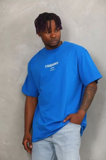 Unisex Oversize Baskılı Bisiklet Yaka T-Shirt - Mavi resmi
